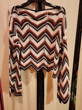 Chevron Knit Long Sleeve Sweater - Brown, Black, White